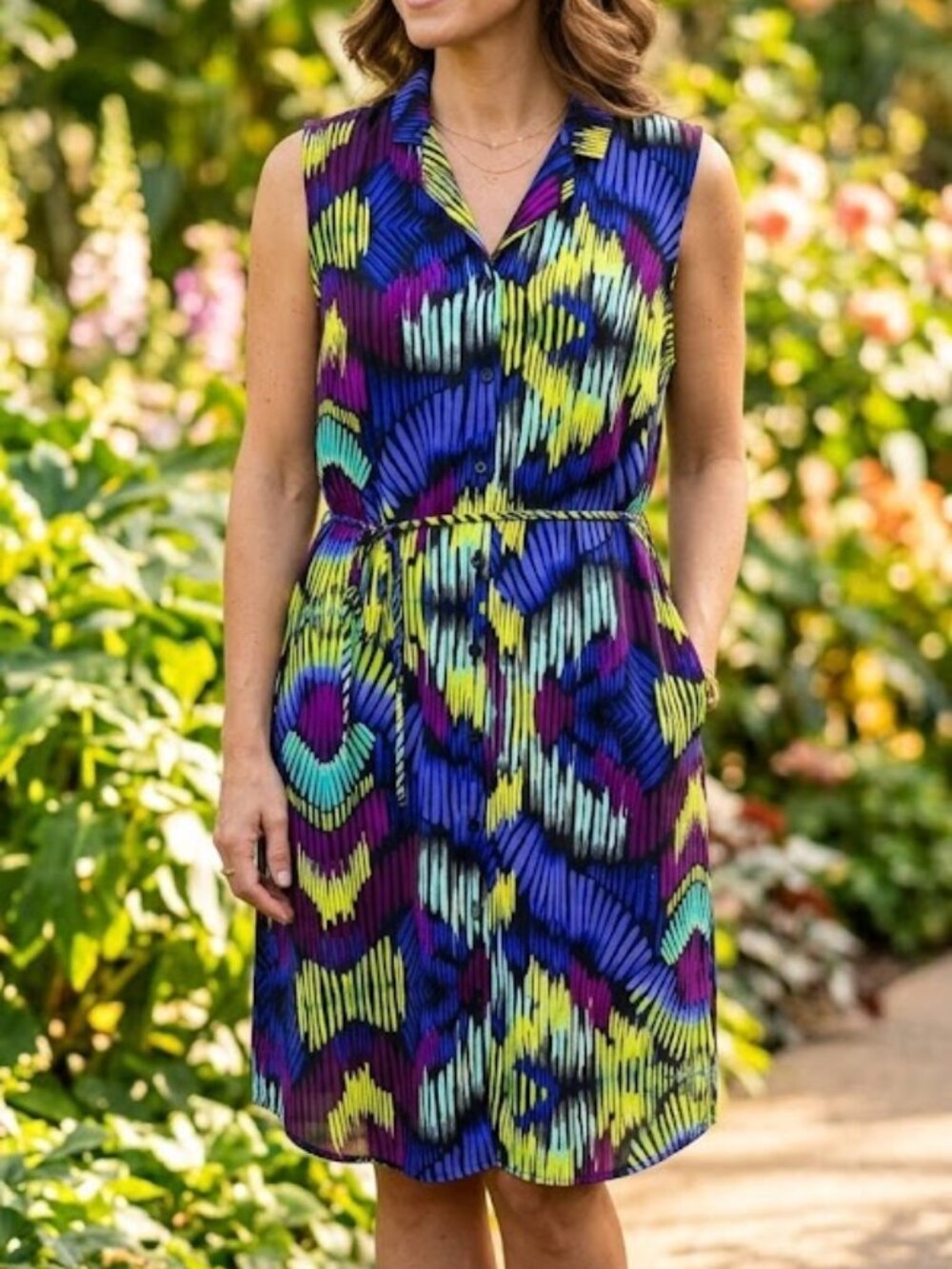 Apt 9 Midi Shirt Dress Size 12 Neon Bright Sleeveless Button Front Resort Cruise